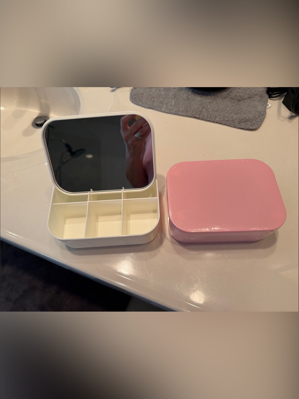 Pink and White Jewelry Box or Makeup Case with Mirror. 2 piece